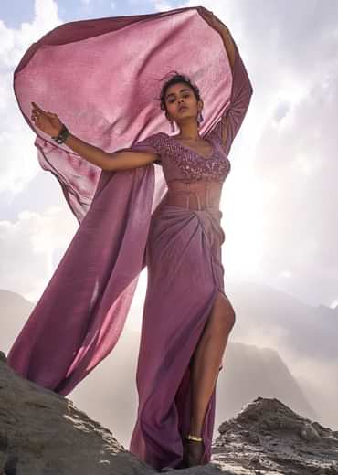 Mauve Embroidered Pre Pleated Drape Gown With Trail On Shoulder