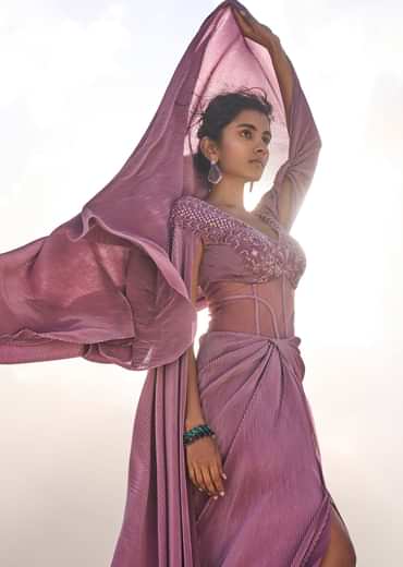 Mauve Embroidered Pre Pleated Drape Gown With Trail On Shoulder