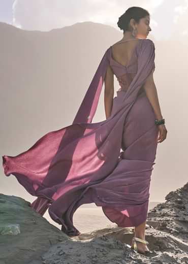 Mauve Embroidered Pre Pleated Drape Gown With Trail On Shoulder