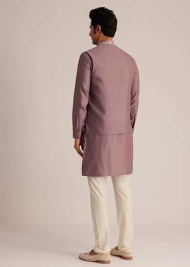 Mauve Kurta Pant Set With Embroidered Nehru Jacket