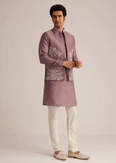 Mauve Kurta Pant Set With Embroidered Nehru Jacket