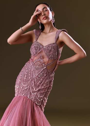 Mauve Mermaid Fit Gown With Tassel Detailing And Gathering At Bottom