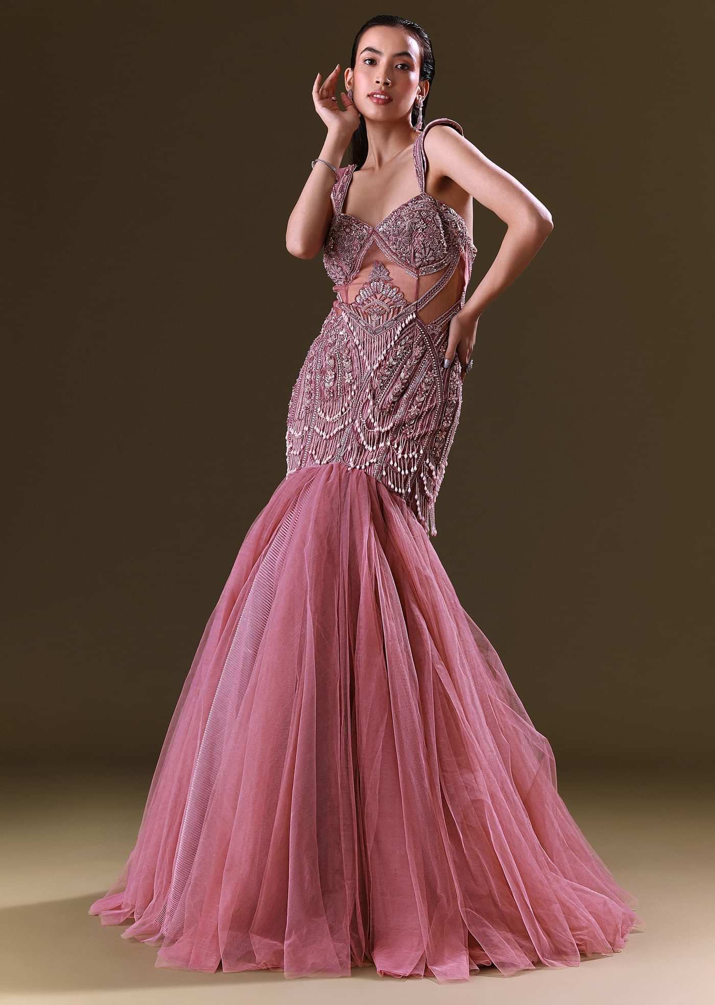 Mauve Mermaid Fit Gown With Tassel Detailing And Gathering At Bottom