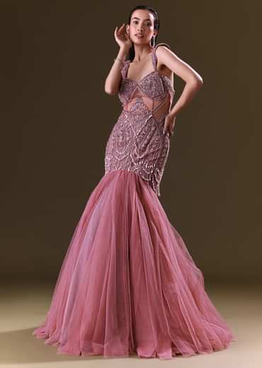Mauve Mermaid Fit Gown With Tassel Detailing And Gathering At Bottom