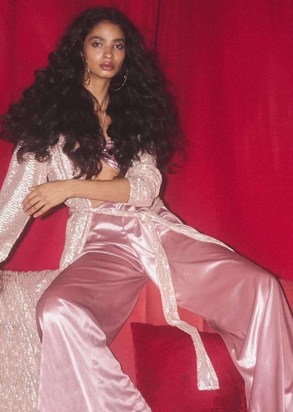 Mauve Pink Palazzo And Bandeau Top In Metallic Velvet With A Long Full Sleeves Rose Gold Sequins Jacket