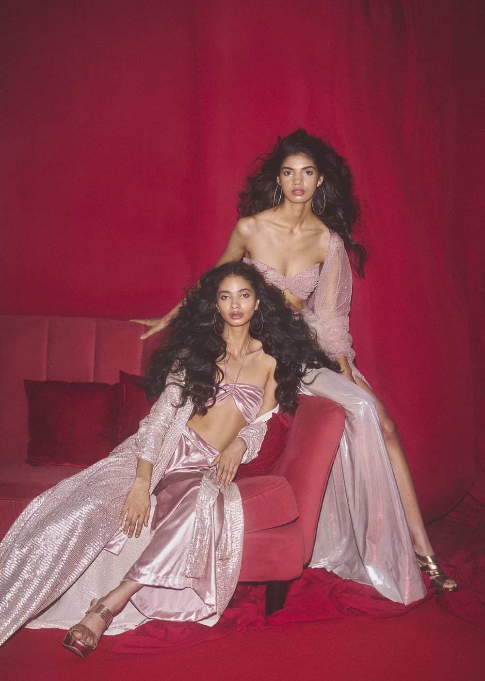 Mauve Pink Palazzo And Bandeau Top In Metallic Velvet With A Long Full Sleeves Rose Gold Sequins Jacket