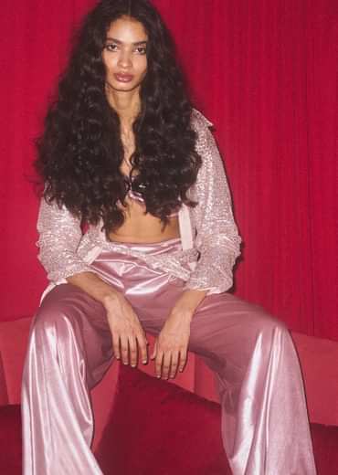 Mauve Pink Palazzo And Bandeau Top In Metallic Velvet With A Long Full Sleeves Rose Gold Sequins Jacket