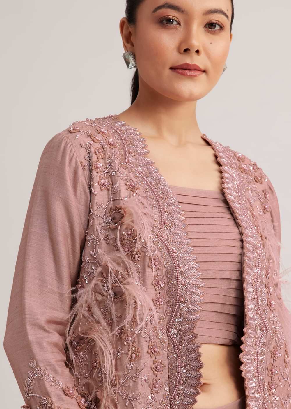 Mauve Satin Palazzo Set With Embellished Jacket