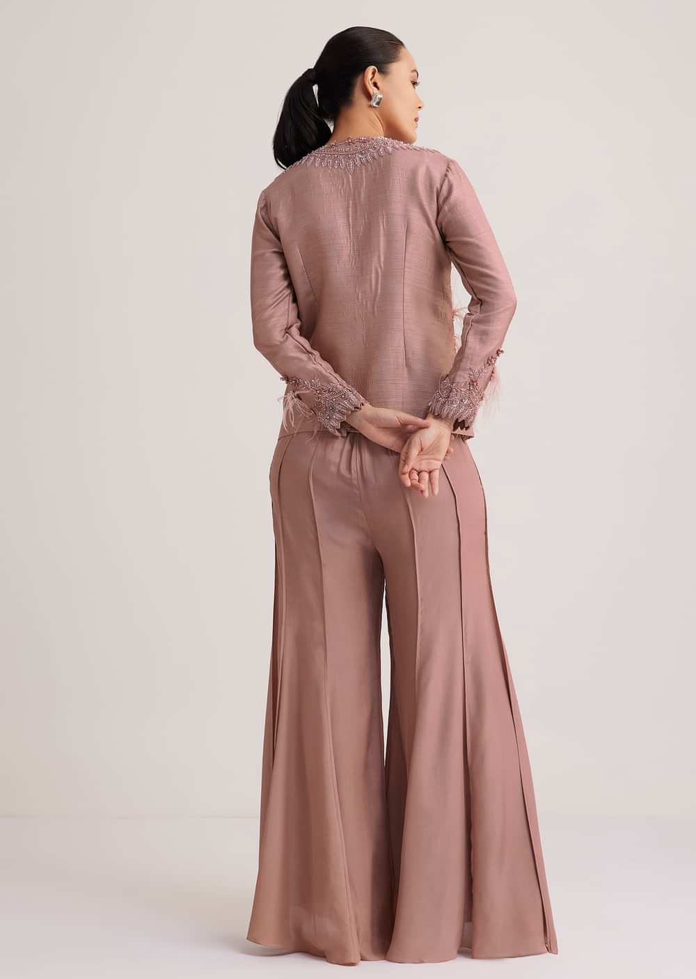 Mauve Satin Palazzo Set With Embellished Jacket