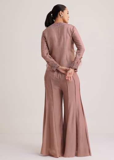 Mauve Satin Palazzo Set With Embellished Jacket