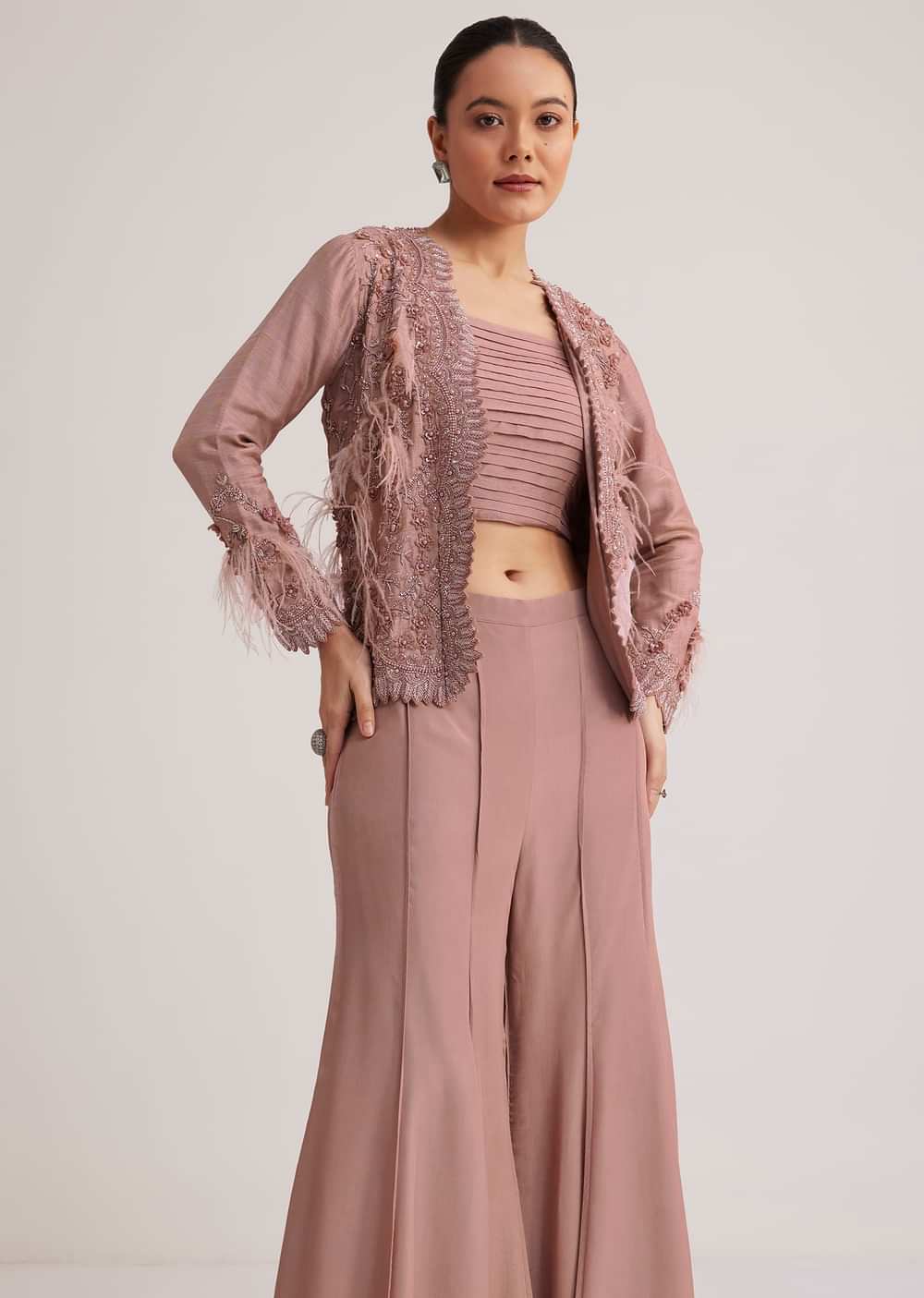 Mauve Satin Palazzo Set With Embellished Jacket