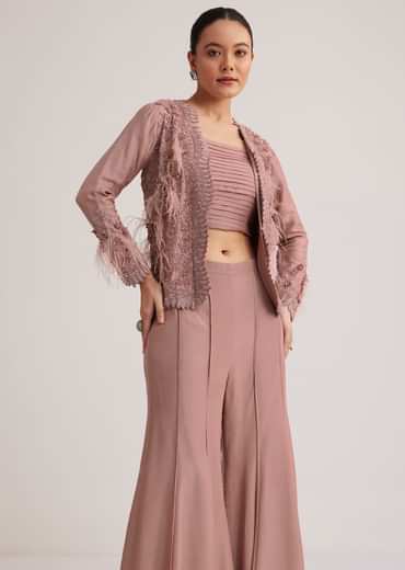Mauve Satin Palazzo Set With Embellished Jacket