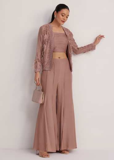 Mauve Satin Palazzo Set With Embellished Jacket