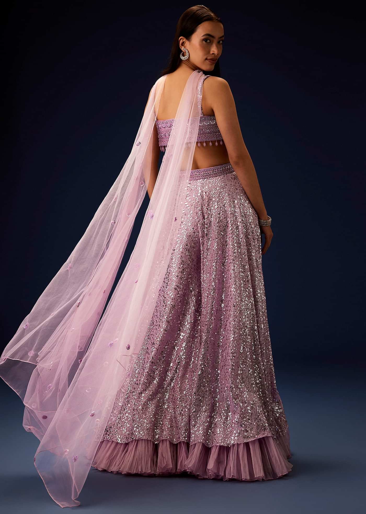 Mauve Sequence Double Layer Skirt Dupatta Set With Hand Embroidered Blouse