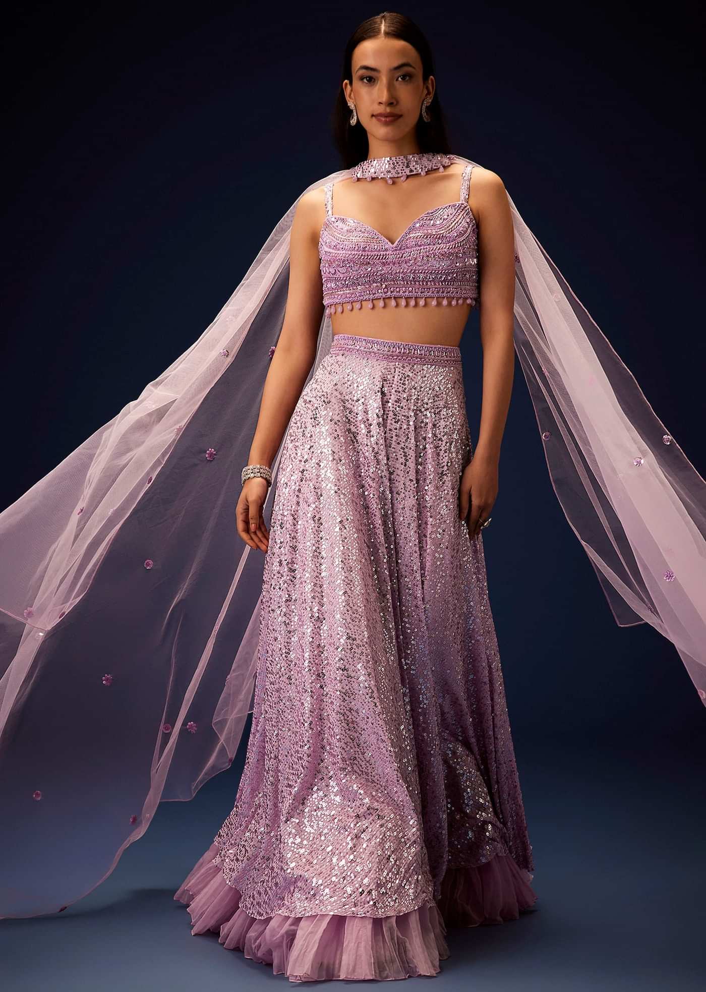 Mauve Sequence Double Layer Skirt Dupatta Set With Hand Embroidered Blouse