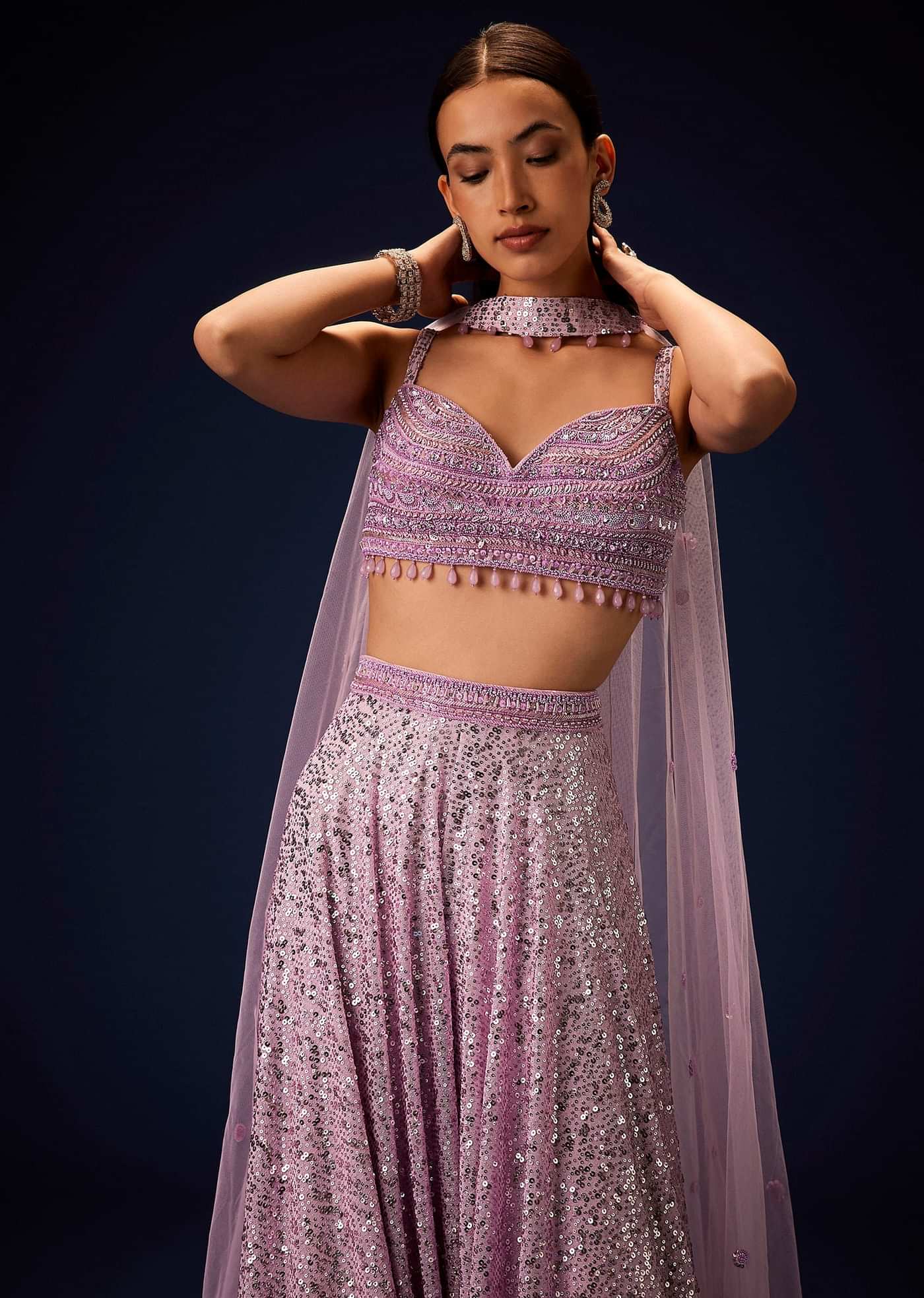 Mauve Sequence Double Layer Skirt Dupatta Set With Hand Embroidered Blouse