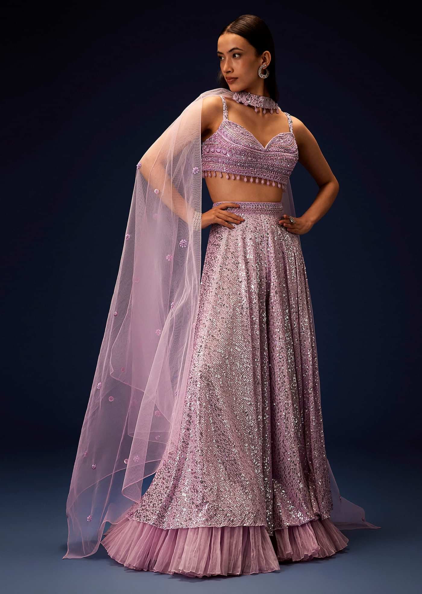 Mauve Sequence Double Layer Skirt Dupatta Set With Hand Embroidered Blouse