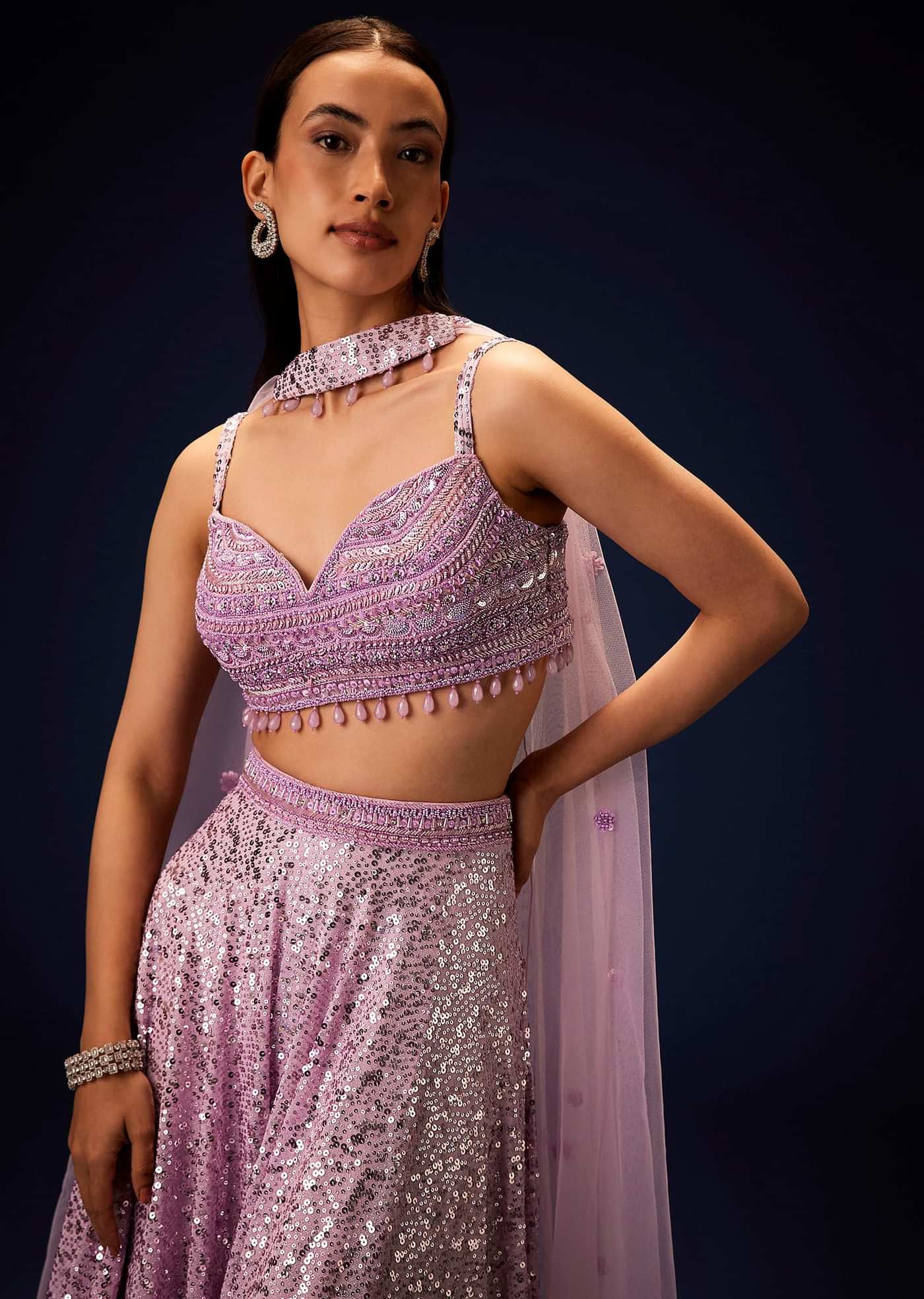 Mauve Sequence Double Layer Skirt Dupatta Set With Hand Embroidered Blouse