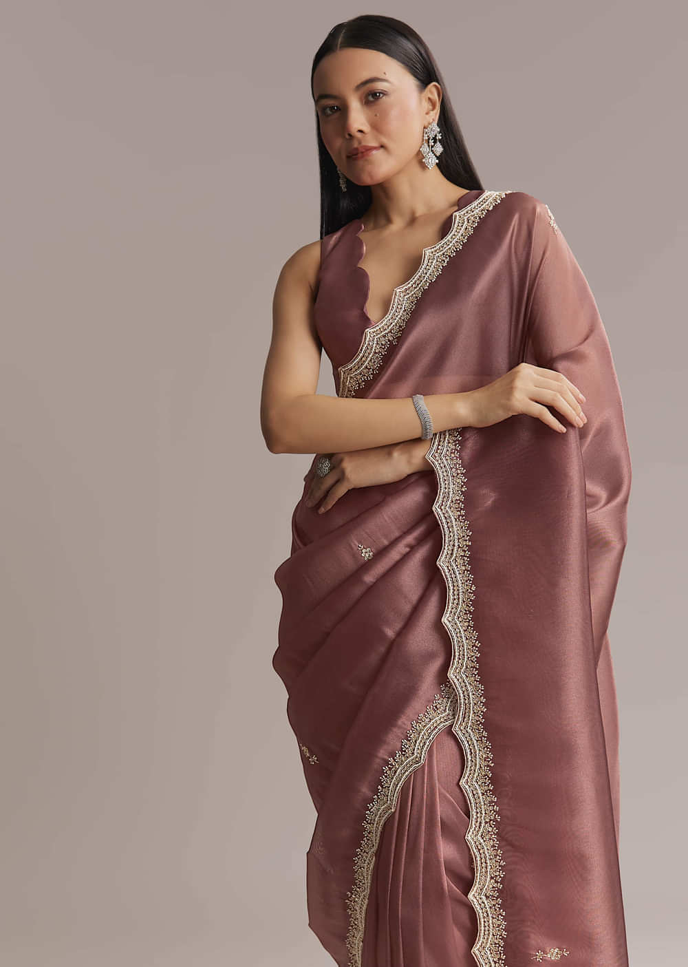 Mauve Silk Saree With Bead And Cutdana Embroidery