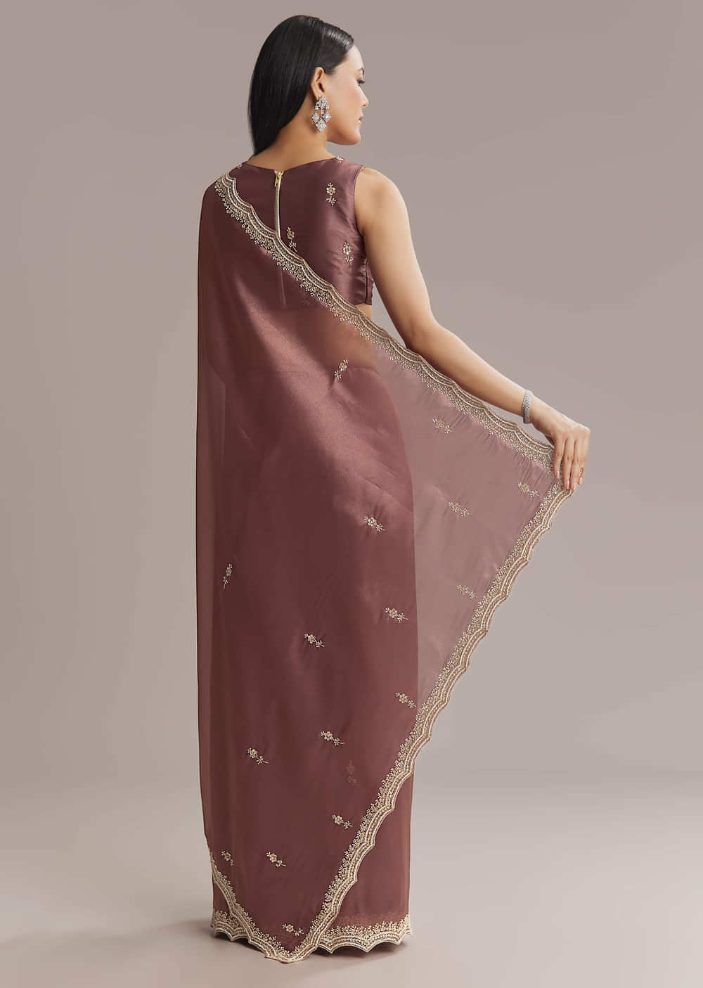 Mauve Silk Saree With Bead And Cutdana Embroidery