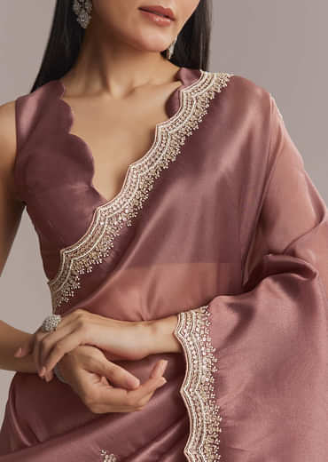 Mauve Silk Saree With Bead And Cutdana Embroidery