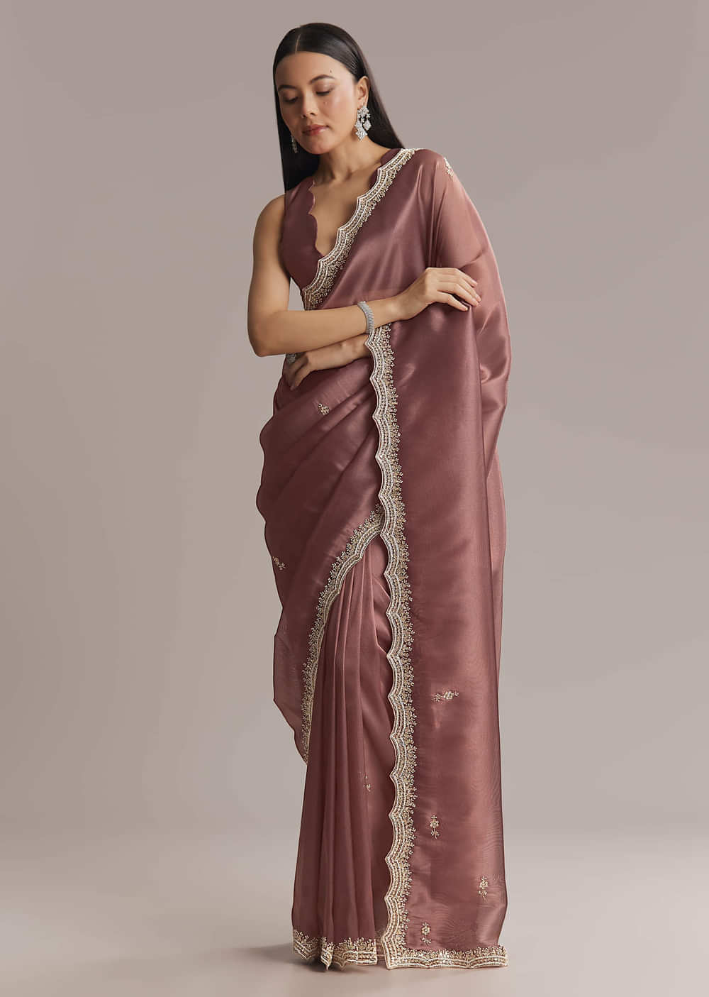 Mauve Silk Saree With Bead And Cutdana Embroidery