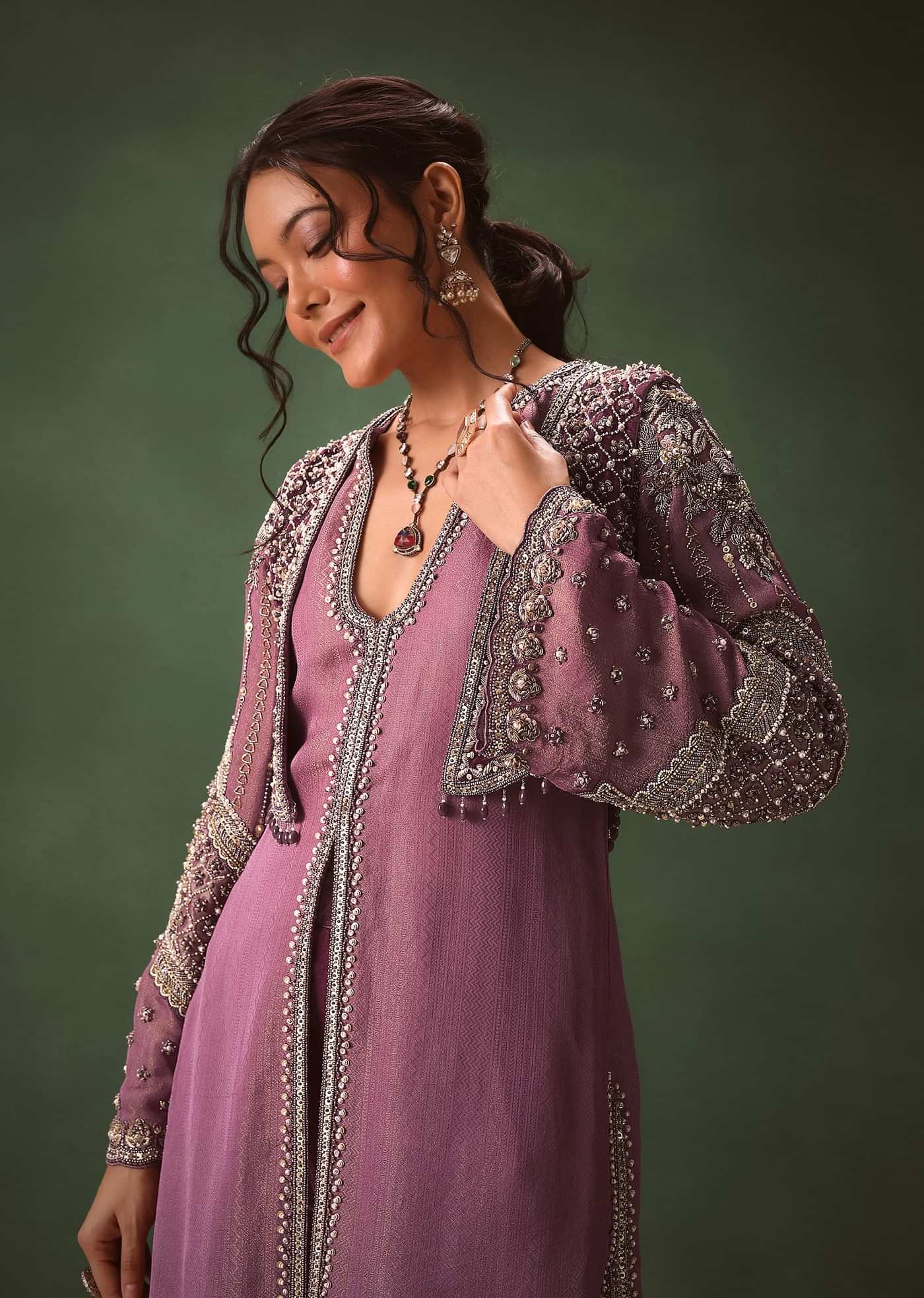 Mauve Straight Kurta With Embroidered Jacket And Bell Bottom Pants