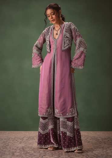 Mauve Straight Kurta With Embroidered Jacket And Bell Bottom Pants