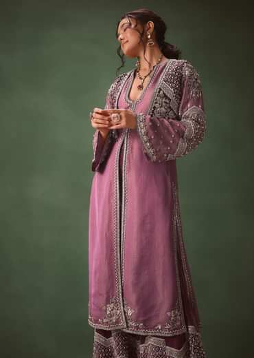 Mauve Straight Kurta With Embroidered Jacket And Bell Bottom Pants