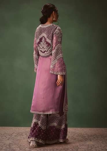 Mauve Straight Kurta With Embroidered Jacket And Bell Bottom Pants