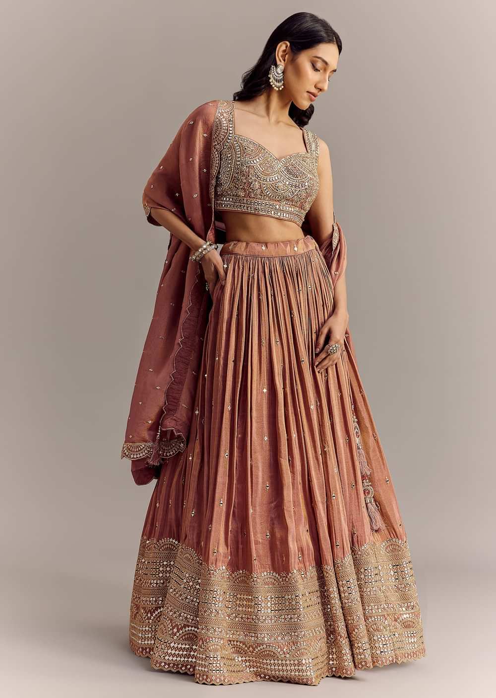 Mauve Tissue Lehenga Set With Embroidered Choli And Dupatta