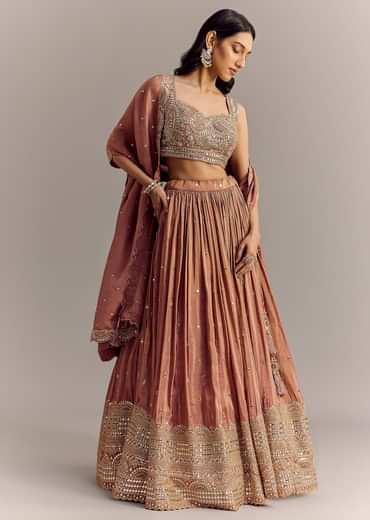 Mauve Tissue Lehenga Set With Embroidered Choli And Dupatta