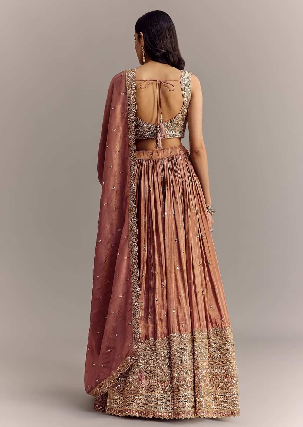 Mauve Tissue Lehenga Set With Embroidered Choli And Dupatta