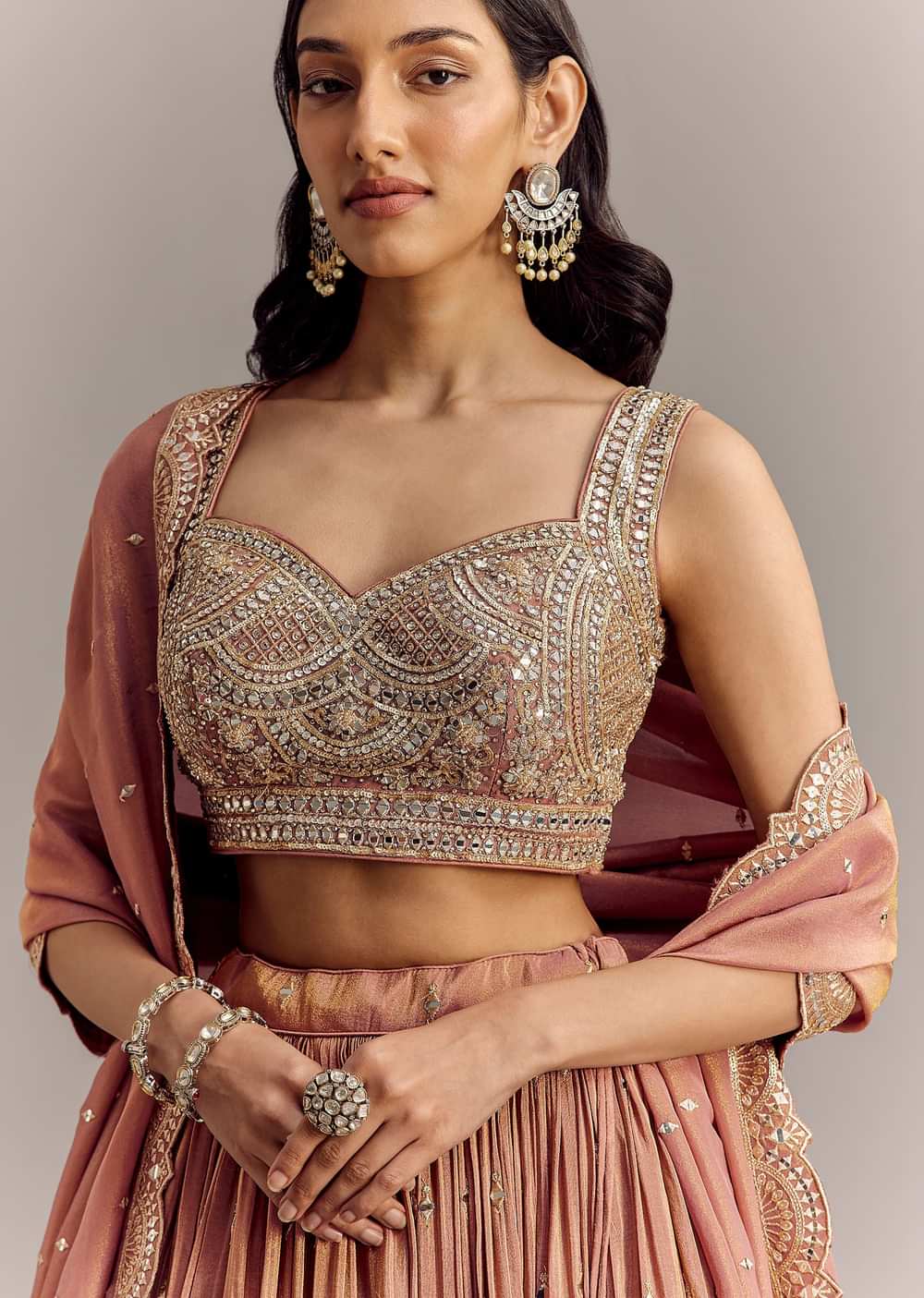Mauve Tissue Lehenga Set With Embroidered Choli And Dupatta