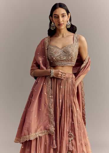 Mauve Tissue Lehenga Set With Embroidered Choli And Dupatta