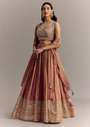 Mauve Tissue Lehenga Set With Embroidered Choli And Dupatta