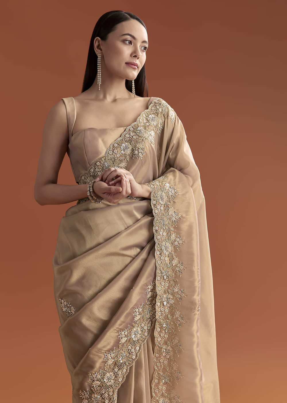 Mauve Tissue Saree With Scallop Border And Stone Embroidery