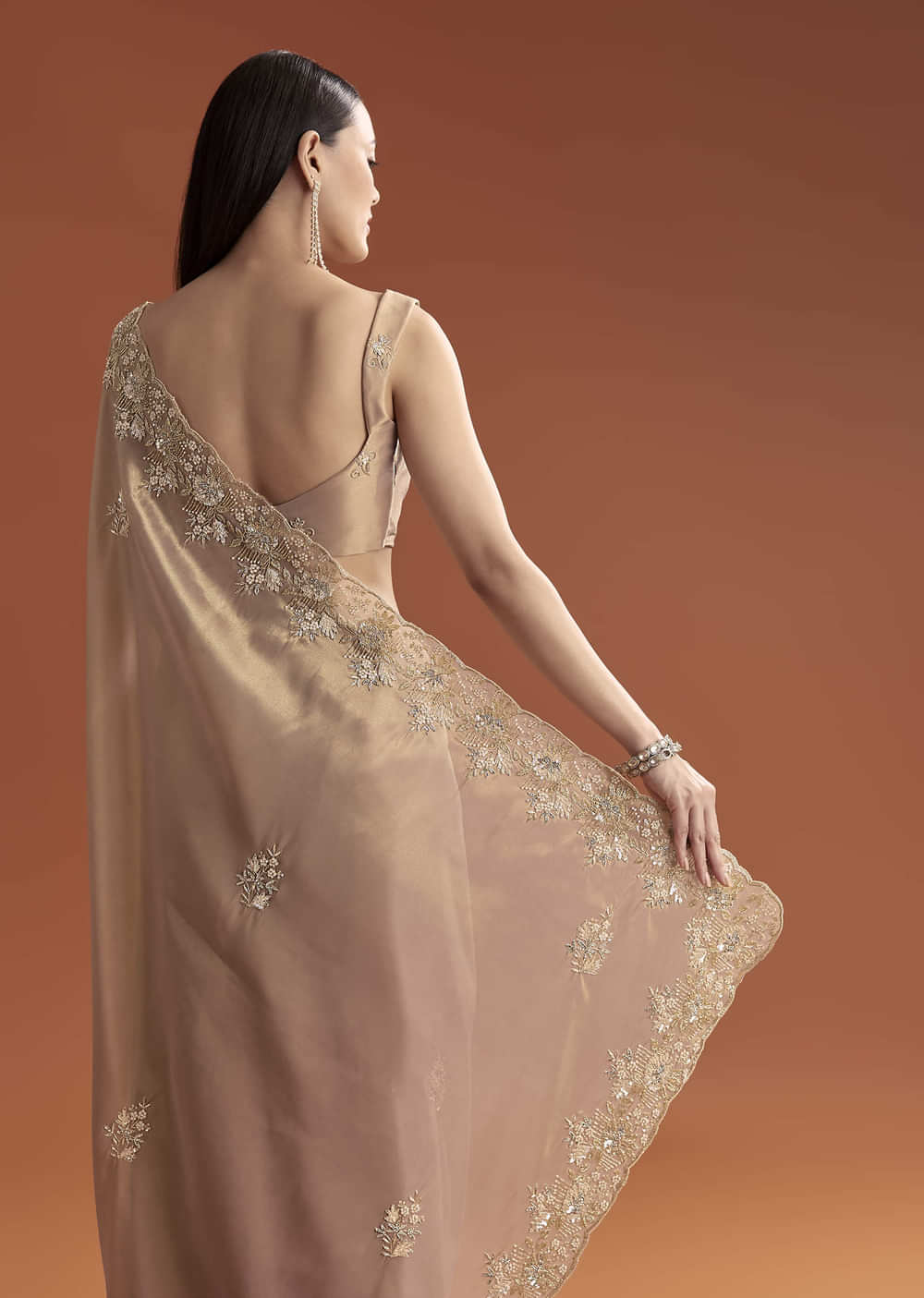 Mauve Tissue Saree With Scallop Border And Stone Embroidery