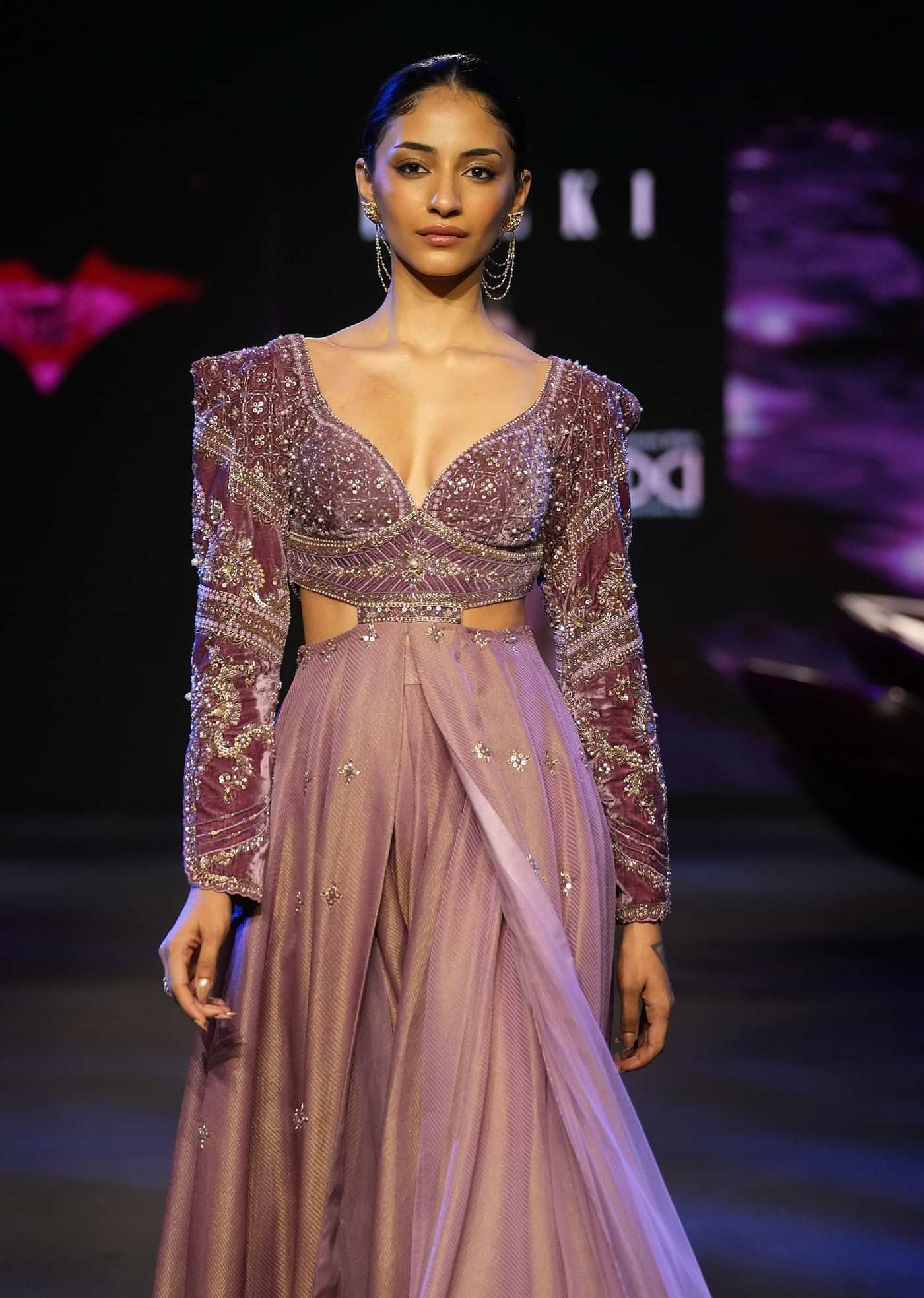 Mauve Embroidered Anarkali Suit With Flared Palazzo Pant