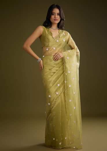 Mehandi Green Tissue Saree With Sequin Floral Embroidery