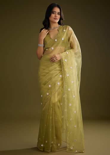 Mehandi Green Tissue Saree With Sequin Floral Embroidery