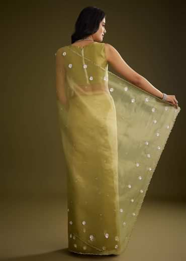 Mehandi Green Tissue Saree With Sequin Floral Embroidery