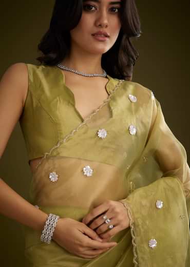 Mehandi Green Tissue Saree With Sequin Floral Embroidery