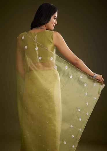 Mehandi Green Tissue Saree With Sequin Floral Embroidery
