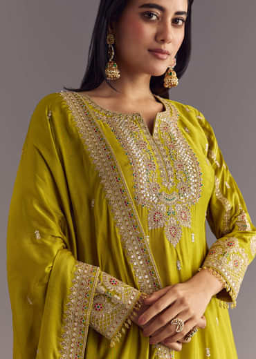 Mehendi Green Bandhani Palazzo Kurta Set With Zari And Mirror Work