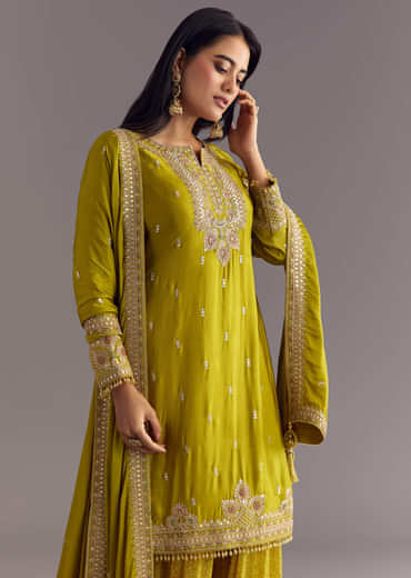 Mehendi Green Bandhani Palazzo Kurta Set With Zari And Mirror Work