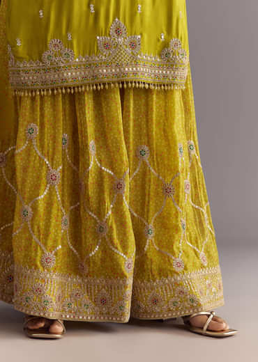 Mehendi Green Bandhani Palazzo Kurta Set With Zari And Mirror Work