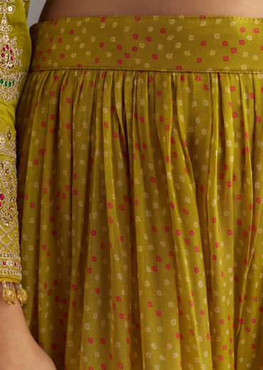 Mehendi Green Bandhani Palazzo Kurta Set With Zari And Mirror Work