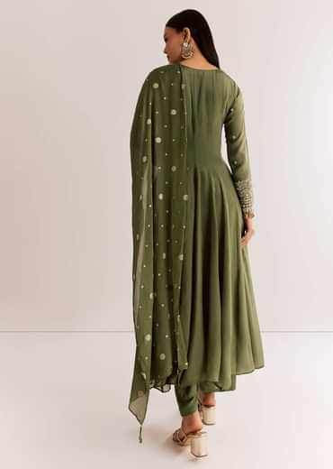 Mehendi Green Chinon Kurta Set With Zardosi And Butti Work