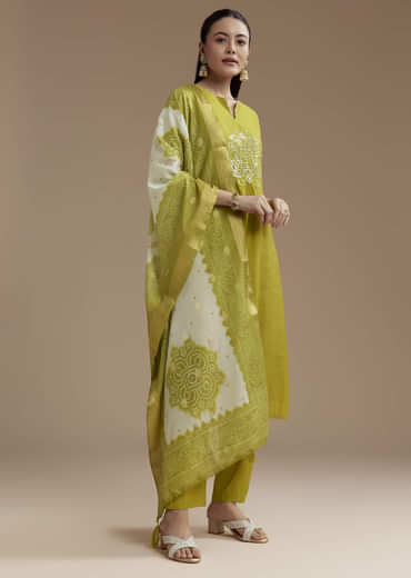 Mehendi Green Cotton Silk Kurta Set with Foil Mirror